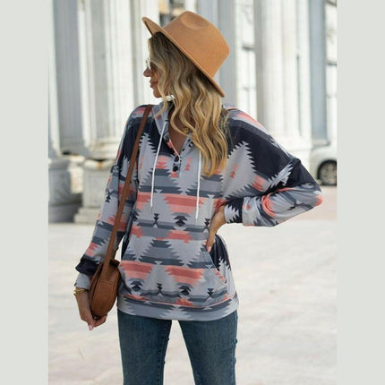 New geometric pattern long-sleeved loose hooded button pocket sweater at €48.99