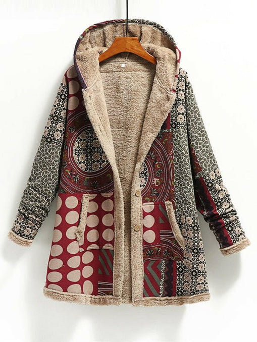 New women's cotton and linen printed hooded sweater warm plush jacket at €69.99