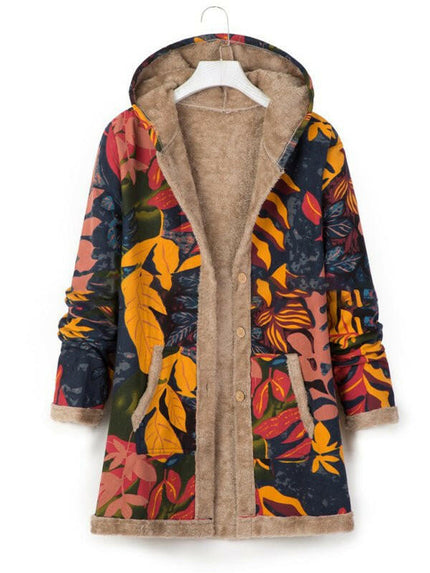 New women's cotton and linen printed hooded sweater warm plush jacket at €69.99