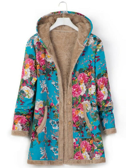 New women's cotton and linen printed hooded sweater warm plush jacket at €69.99