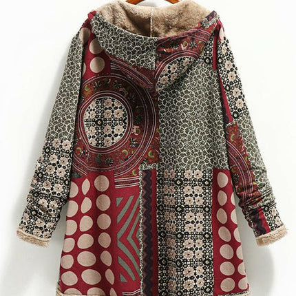 New women's cotton and linen printed hooded sweater warm plush jacket at €69.99