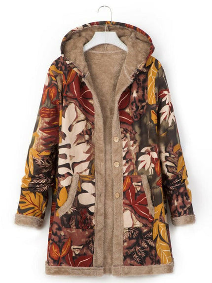 New women's cotton and linen printed hooded sweater warm plush jacket at €69.99