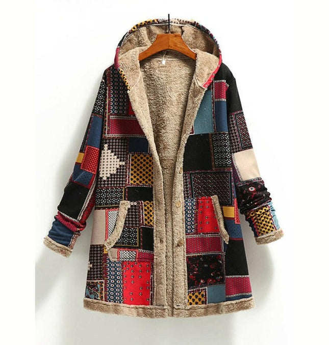 New women's cotton and linen printed hooded sweater warm plush jacket at €69.99