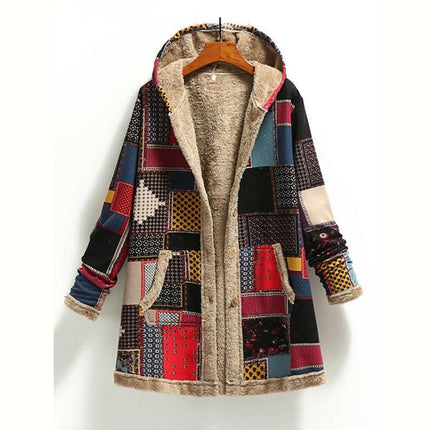 New women's cotton and linen printed hooded sweater warm plush jacket at €69.99