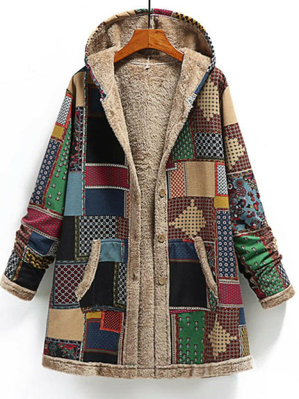 New women's cotton and linen printed hooded sweater warm plush jacket at €69.99