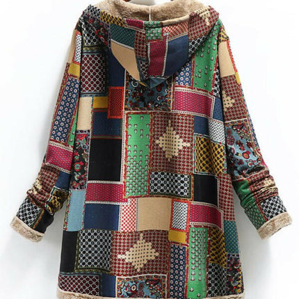 New women's cotton and linen printed hooded sweater warm plush jacket at €69.99