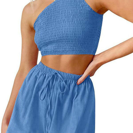 One-shoulder gathered crop top shorts beach two-piece suit at €47.99