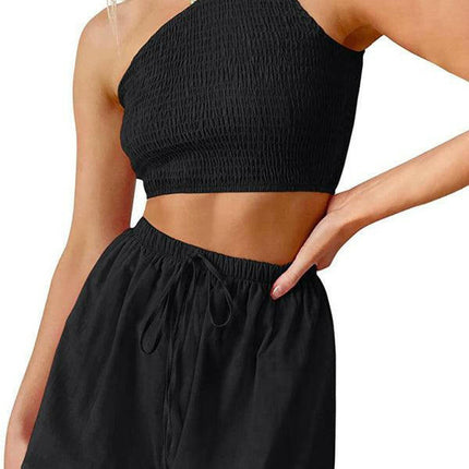 One-shoulder gathered crop top shorts beach two-piece suit at €47.99