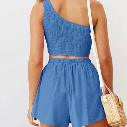 One-shoulder gathered crop top shorts beach two-piece suit at €47.99