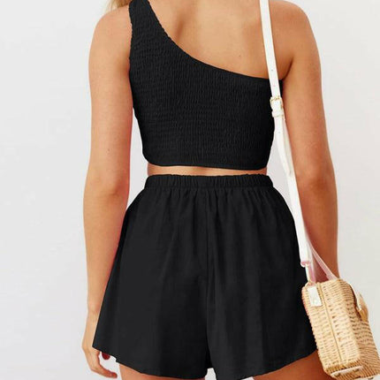 One-shoulder gathered crop top shorts beach two-piece suit at €47.99