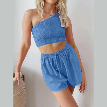 One-shoulder gathered crop top shorts beach two-piece suit at €47.99