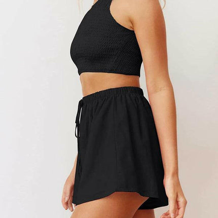 One-shoulder gathered crop top shorts beach two-piece suit at €47.99