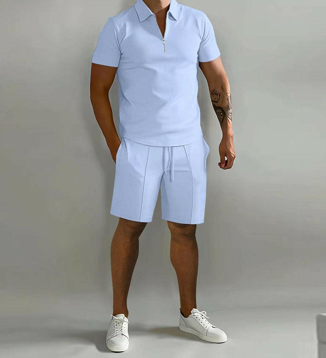 Summer short sleeve Thin Polo Shirt+Sport Shorts 2 Piece New Mens Tracksuit Suit Men Solid Set Casual Jogging Sportswear - GrozavuShop
