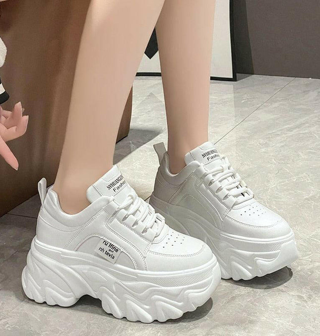 White & Black Chunky Women's Sneakers: Spring/Autumn PU Leather Shoes at €40.99