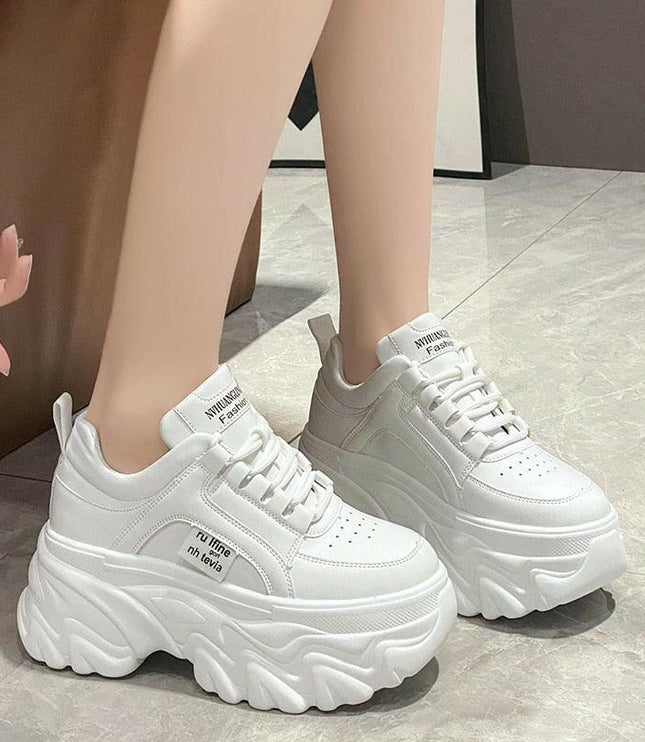 White & Black Chunky Women's Sneakers: Spring/Autumn PU Leather Shoes - GrozavuShop