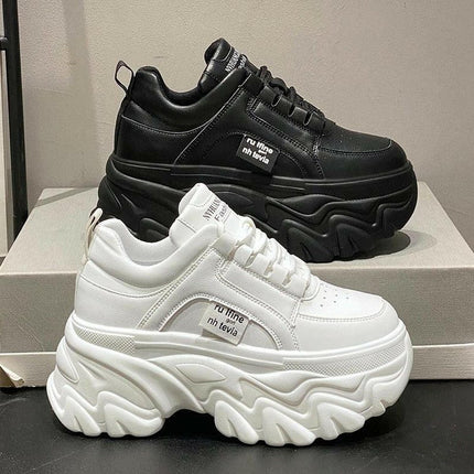 White & Black Chunky Women's Sneakers: Spring/Autumn PU Leather Shoes at €40.99