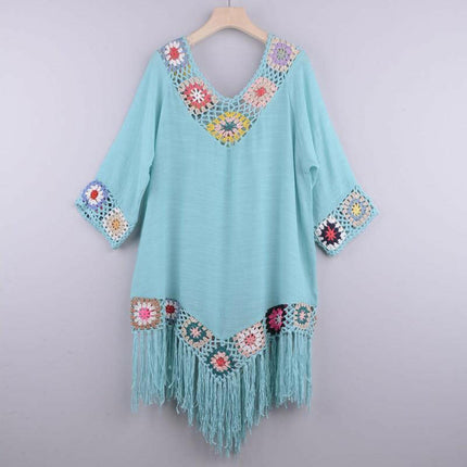 Women's Embroidered Three Quarter Sleeve Cotton Fringe Cover-up Dress at €57.99