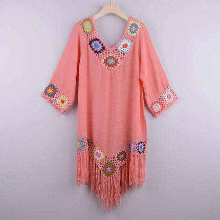 Women's Embroidered Three Quarter Sleeve Cotton Fringe Cover-up Dress at €57.99