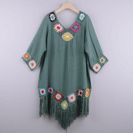 Women's Embroidered Three Quarter Sleeve Cotton Fringe Cover-up Dress at €57.99