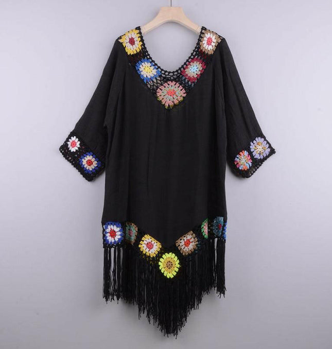 Women's Embroidered Three Quarter Sleeve Cotton Fringe Cover-up Dress at €57.99