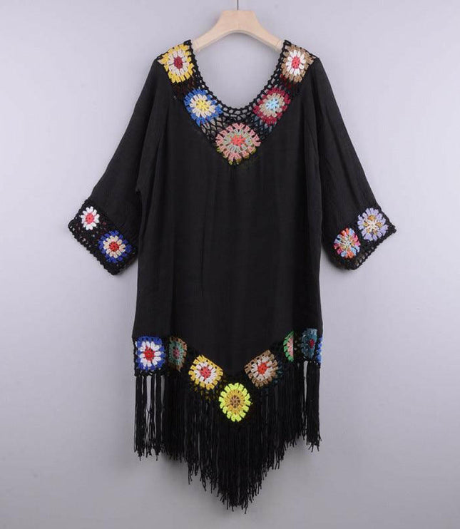 Women's Embroidered Three Quarter Sleeve Cotton Fringe Cover-up Dress - GrozavuShop