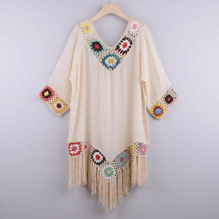 Women's Embroidered Three Quarter Sleeve Cotton Fringe Cover-up Dress at €57.99