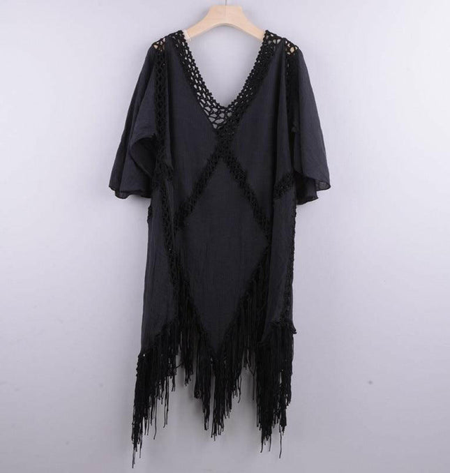 Women's Solid Color Embroidered Cotton Fringe Slit Cover-up Dress at €56.99