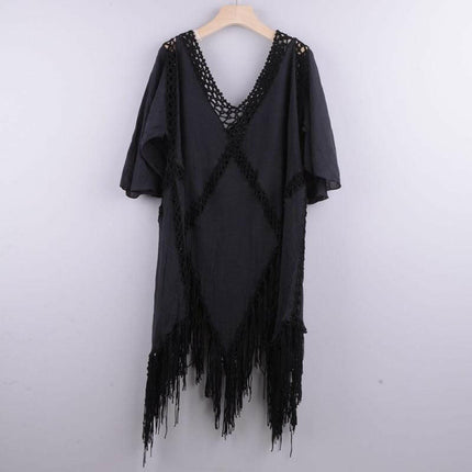 Women's Solid Color Embroidered Cotton Fringe Slit Cover-up Dress at €56.99