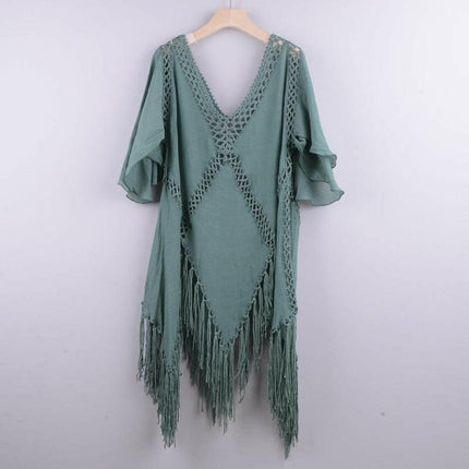 Women's Solid Color Embroidered Cotton Fringe Slit Cover-up Dress at €56.99