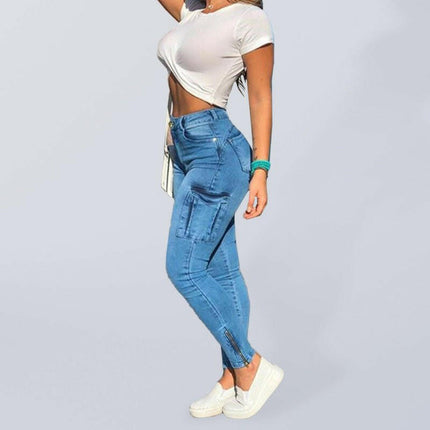 Women's zipped pocket distressed utility skinny jeans at €48.99